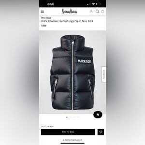 NWT Mackage Kid's Charlee Quilted Logo Vest Black Down Filled Size 10 MSRP $350